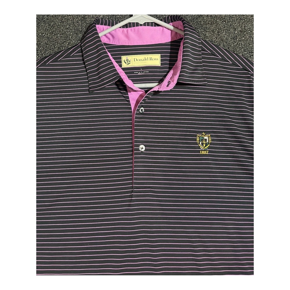 Donald Ross Mens Navy Pink Striped Performance Golf Polo Shirt Size L St. Davids